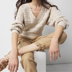 White House Black Market Chunky Knit Cream Knit Dolman Deep V Neck Sweater